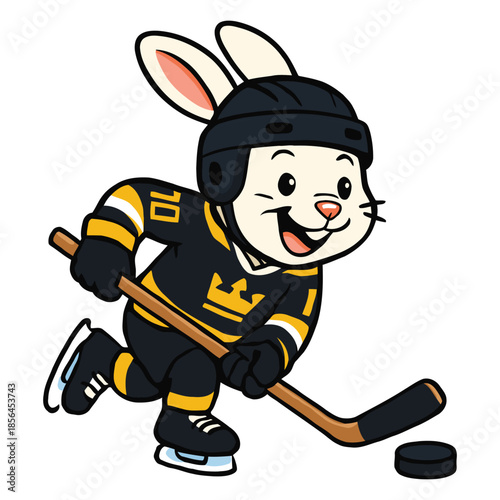 Cute cartoon rabbit character playing ice hockey holding a stick