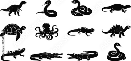 Reptile and animal silhouettes set, snake turtle crocodile dinosaur lizard octopus icons, black and white wildlife vector illustration