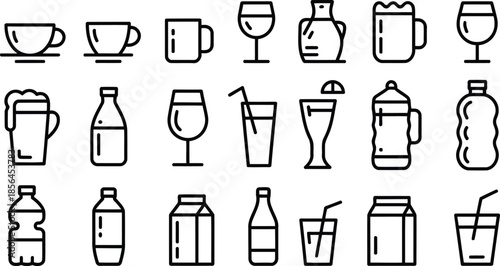 Beverage glass and bottle outline icons set collection for drinks and liquid art