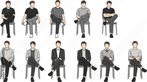 Seated man character poses set, casual and business outfits, sitting positions on chair, modern flat illustration collection