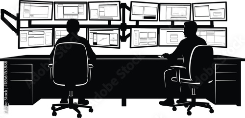 Security operations center silhouette illustration, analysts monitoring multiple screens, cybersecurity surveillance, data analysis, control room isolated on white background, technology