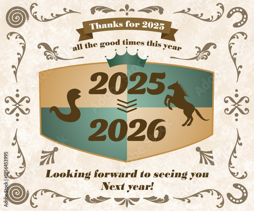 アンティーク調の2025年年越し挨拶カード　干支の蛇と馬のイラスト