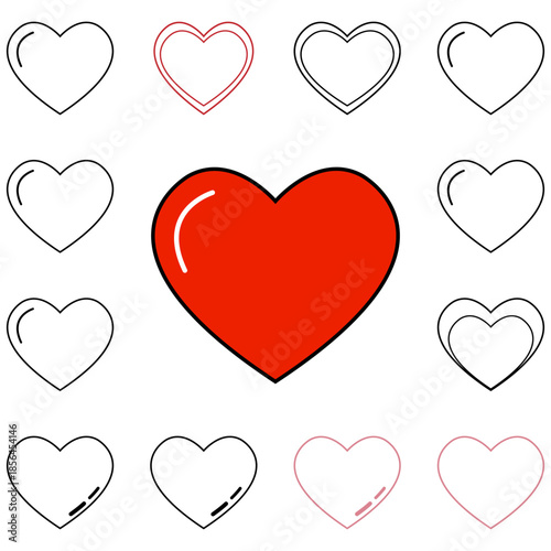 Heart Icons: An array of heart icons, showcasing diverse designs, including a vibrant red heart, symbolising love, passion, and affection. The icons serve as versatile visual elements.