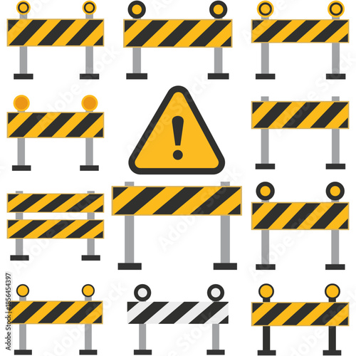Safety Zone: A set of road barriers arranged, prominently featuring a caution sign in the center, symbolizing temporary closures, construction zones, or safety protocols.