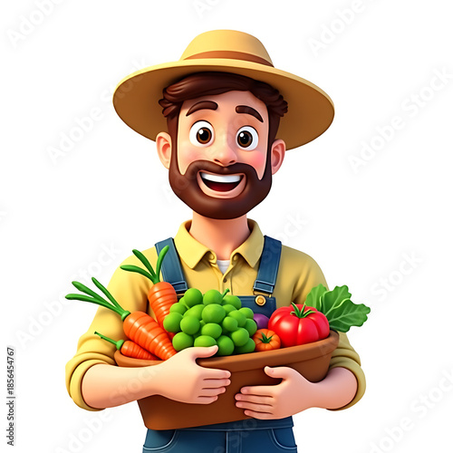 Happy Farmer Holding a Basket of Fresh Organic Vegetables