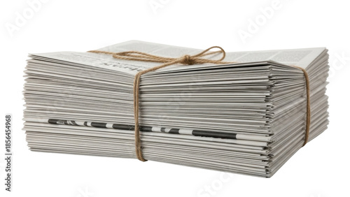 A stack of newspapers bound together with twine, ready for recycling or disposal.