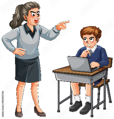 Angry Teacher Scolding Student Using Laptop in Classroom
