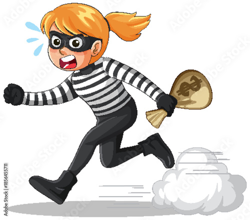 Cartoon Female Robber Running With Money Bag