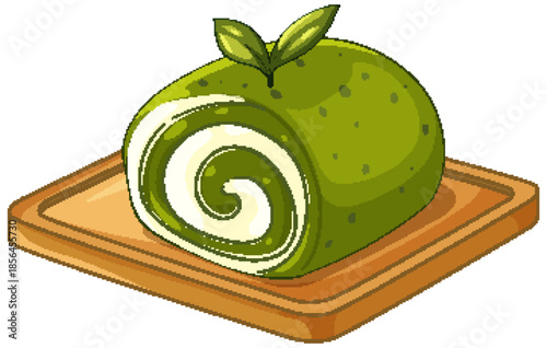 Matcha Green Tea Swiss Roll Cake on Wooden Serving Board
