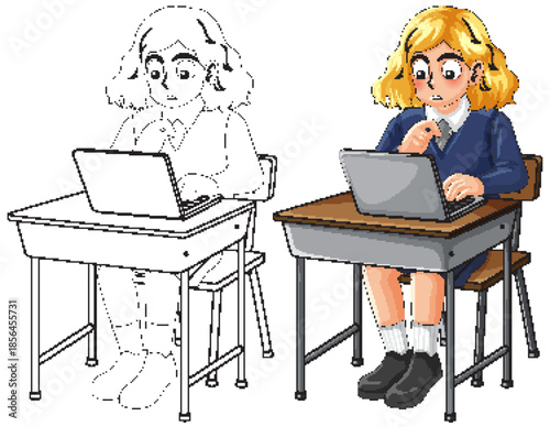 Schoolgirl Working on Laptop at Classroom Desk