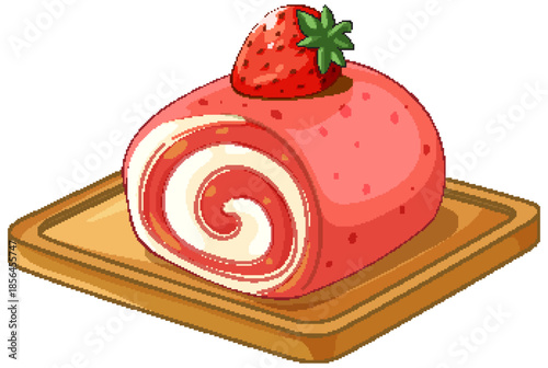 Strawberry Swiss Roll Cake Slice on a Wooden Board Vector Illustration