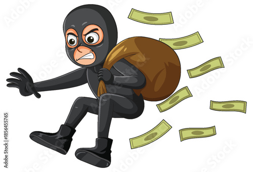 Cartoon Thief Running With Money Bag and Falling Cash