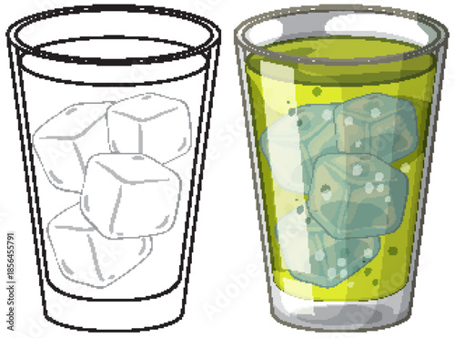 Vector Illustration of Green Soda with Ice Cubes and Line Art