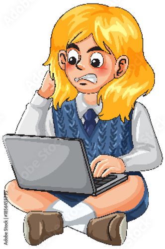 Stressed Schoolgirl Sitting Cross Legged Using Laptop