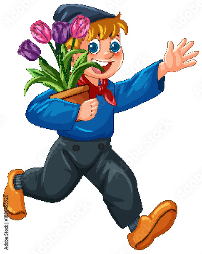 Dutch Boy Running with Tulip Flower Pot Illustration