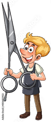 Cartoon Barber Holding Oversized Scissors with Smile