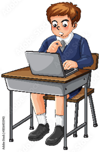 Surprised Schoolboy Using Laptop at Classroom Desk