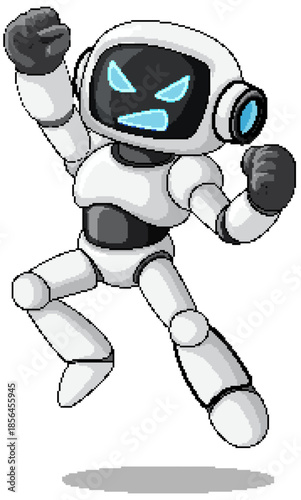 Angry Cartoon Robot Jumping with Raised Fists