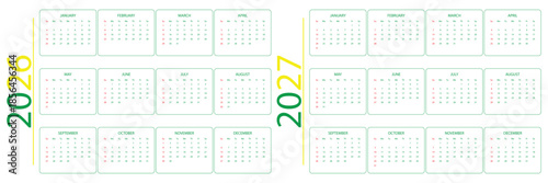 Calendar 2026, 2027 vector Week starts on Monday. Calendar Set for 2026, 2027 years. Calendar 2026 calendar 2027 week start Sunday corporate design planner template. 2026 2027 Portrait Yearly calendar