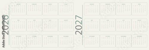 Calendar 2026, 2027 vector Week starts on Monday. Calendar Set for 2026, 2027 years. Calendar 2026 calendar 2027 week start Sunday corporate design planner template. 2026 2027 Portrait Yearly calendar