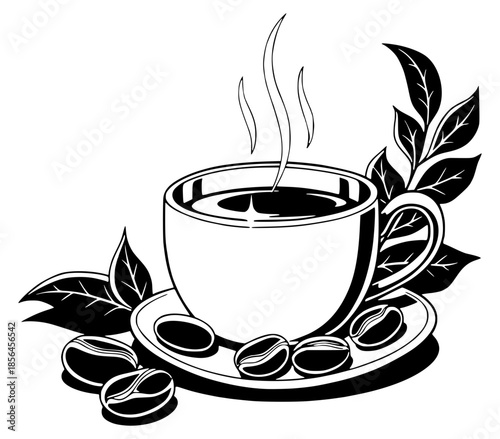 Elegant black line art of a steaming cup of coffee on a saucer, surrounded by roasted coffee beans and leaves. Perfect graphic for cafe branding, menus, or coffee lovers.