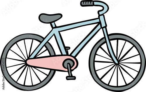 A light blue bicycle with gray wheels and seat and a pink chain guard