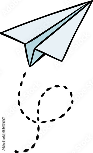 A light blue paper airplane with a dotted trail curving downwards