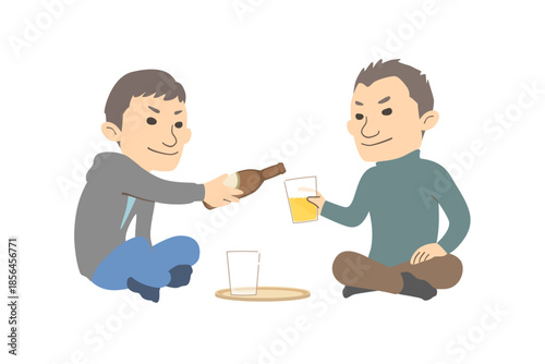 あぐらをかいてサシ飲みする親子