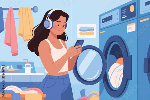 Person doing laundry while wearing headphones and holding a smartphone in a clean, cozy laundry room. A relaxed moment of multitasking.