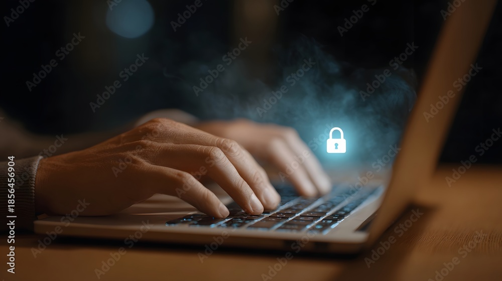 custom made wallpaper toronto digitalHands typing on a laptop keyboard with a glowing digital lock icon signifying data security