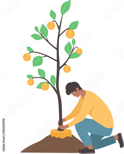 Person planting a money tree with gold coins. Flat vector illustration in Corporate Memphis style. Financial investment, wealth growth, and long-term savings concept isolated on white background