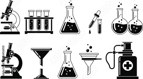 Laboratory equipment illustration set, scientific research icons collection, chemistry biology lab tools, microscope flask test tubes vector