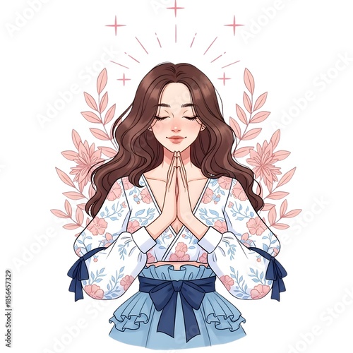 Serene young woman in prayer pose radiating gentle spiritual light