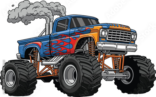 Monster truck illustration, lifted pickup with flames design, extreme off road vehicle, powerful wheels, automotive sport vector artwork