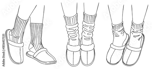 ルームシューズと靴下の足元の線画｜休息と日常