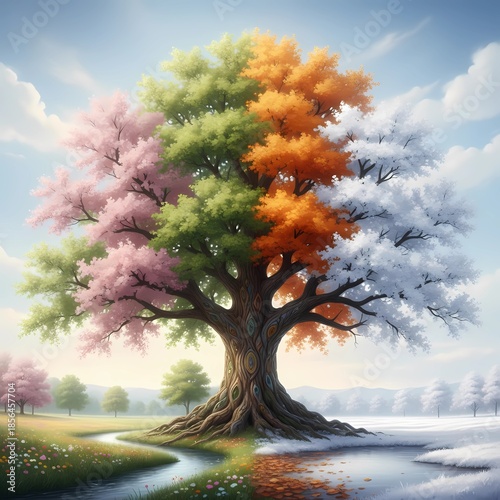 Single tree showing all four seasons simultaneously blending from spring blossoms to winter snow