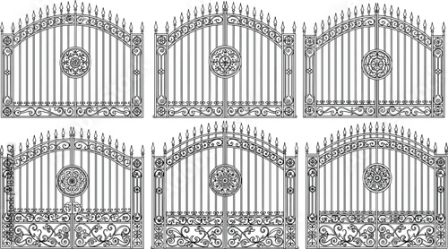 Ornamental wrought iron gate line art set, decorative vintage metal fence entrance designs detailed black outline vector illustration