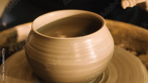 A sponge is being used to give finishing touches to a pot