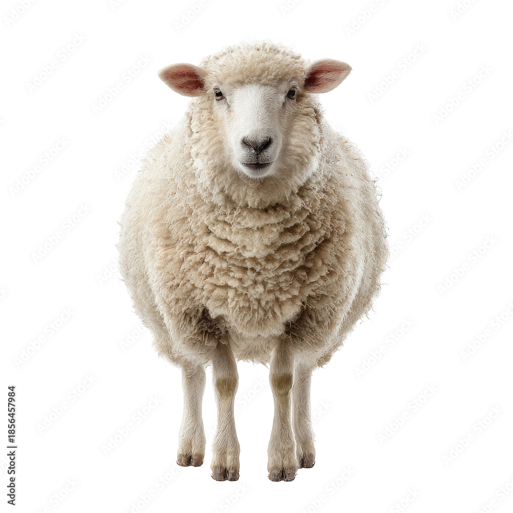 Fototapeta premium Fluffy White Sheep Standing Directly Facing Camera Isolated on Transparent Background