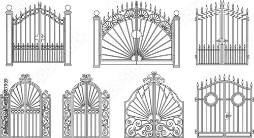 Ornate wrought iron gate line art set, decorative vintage metal entrance designs, classic architectural fence illustrations, black outline vector