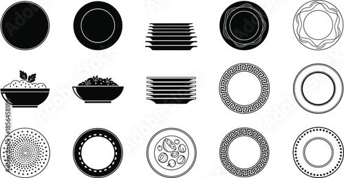 Plate and bowl top view icons set, dishes and tableware collection, black and white vector illustrations for restaurant design