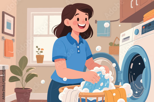 Person hand-washing clothes in a bright, tidy laundry room with a smile. A cheerful moment of domestic care.