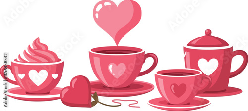 Charming pink heart decorated tea cups and teapot on white
