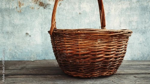 A beautifully crafted, empty wicker basket with a sturdy handle stands prominently on a weathered, dark wooden surface. The background features a distressed, light blue wall with subtle textural varia