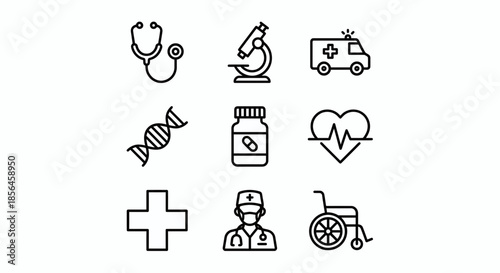 Medical Healthcare Icons Set Featuring Doctor Hospital Medicine and First Aid Flat Vector Illustration - medical, healthcare, doctor, hospital, cardiology, heartbeat, syringe, injection, vaccine, pill