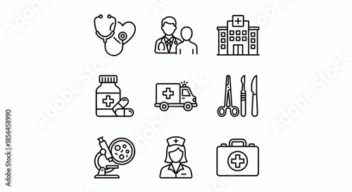 Medical Healthcare Icons Set Featuring Doctor Hospital Medicine and First Aid Flat Vector Illustration - medical, healthcare, doctor, hospital, cardiology, heartbeat, syringe, injection, vaccine, pill