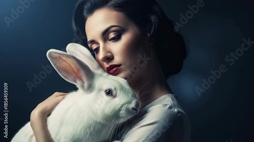 Mysterious brunette woman in a fine art portrait gently cuddling a fluffy white rabbit. Conceptual banner representing animal care, kindness and a cruelty free lifestyle