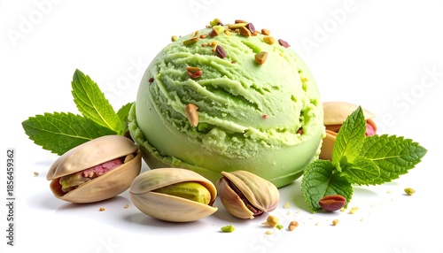 Delicious pistachio ice cream scoop with pistachios and mint on a white background