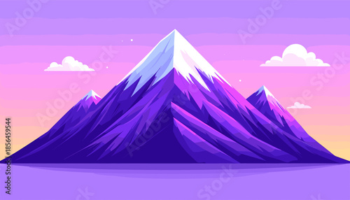A stylized illustration of a majestic purple mountain range with snow-capped peaks against a pastel sky.