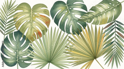 Tropical leaves and plants arrangement in a whimsical illustration showcasing various species and textures